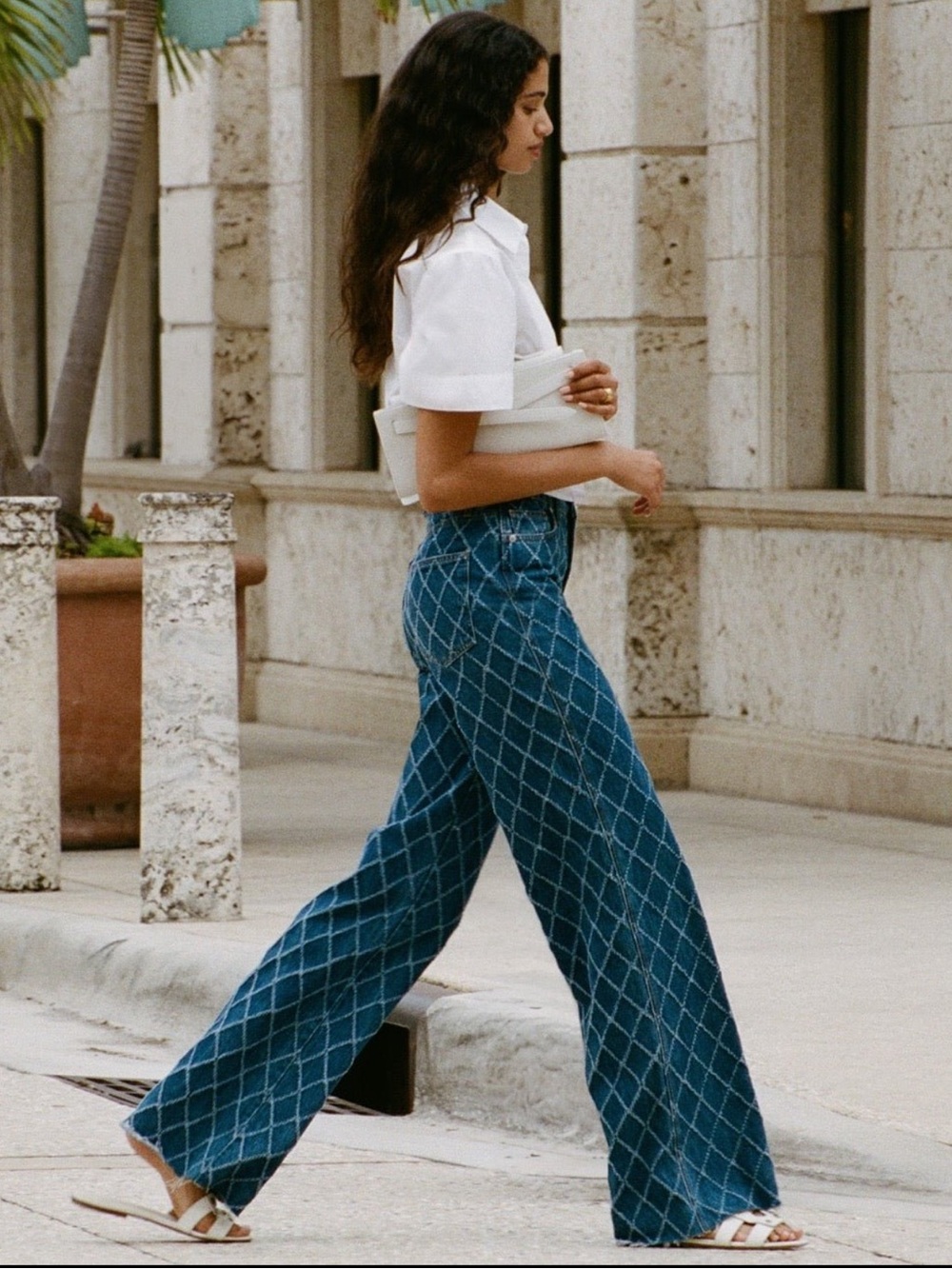 Oat New York Teal Blue Diamond-Print Wide-Leg Pants